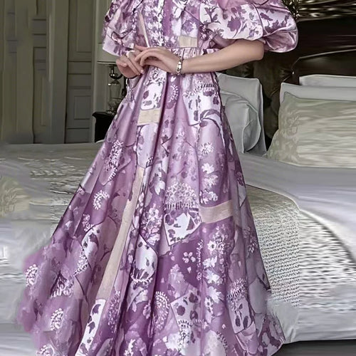 Hit Color Printing Fashion Long Dresses for Women Lapel Short Sleeves High Wasit Elegant Dress Female Clothing New